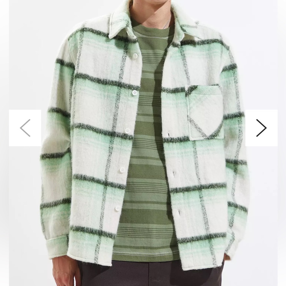 UO brushed plaid overshirt wool shacket men’s women’s unisex XL pastel green